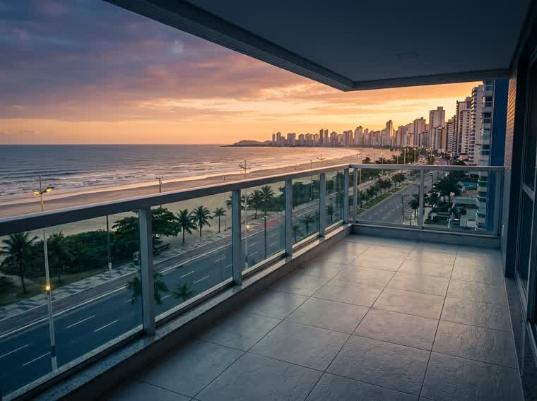 Varanda com vista para o mar e a avenida da praia ao entardecer