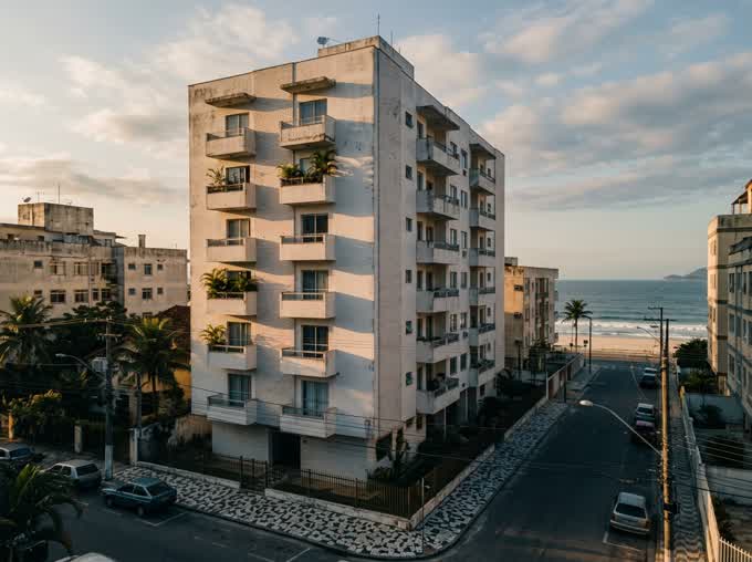 Prédio branco de poucos andares a uma quadra da praia