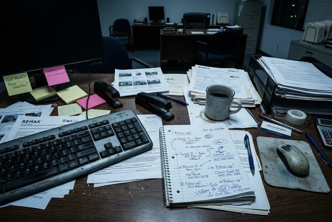 Mesa de escritório de imobiliária à noite, com caderno de anotações aberto, teclado e papéis espalhados